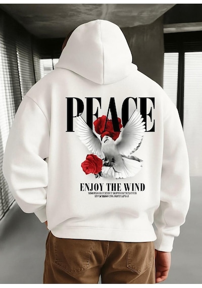 Benroma 3 İplik Penye Peace Baskılı Unisex Kapüşonlu Sweat Çok Renkli