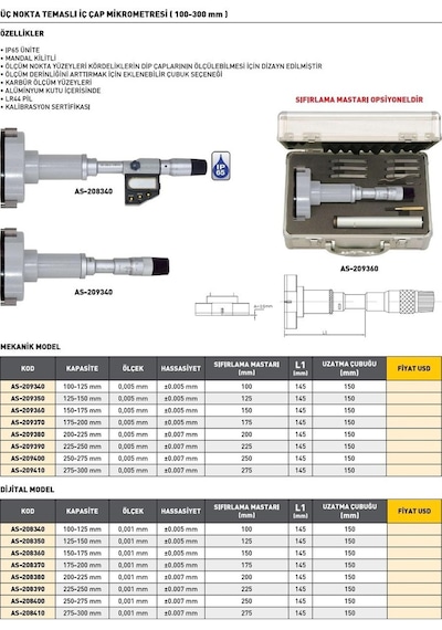Fett As-208400 250-275 mm Asimeto Dijital 3 Nokta Temaslı İç Çap Mikrometresi