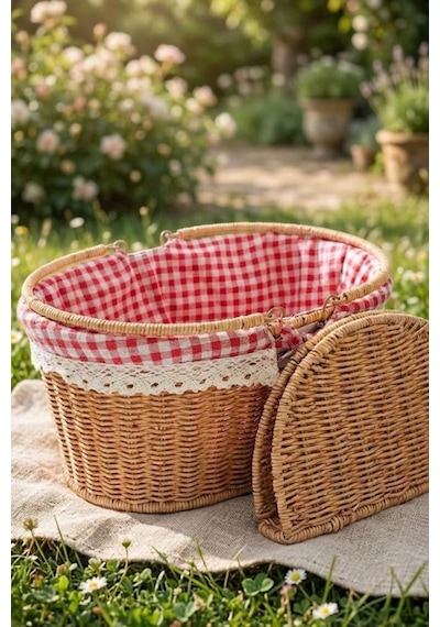 Atbyhome Hasır Piknik Sepeti Kapaklı Ve Bezli Rattan Sepet Organizer 40x29x18 Kahverengi