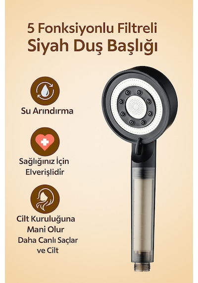 Filtreli Duş Başlığı Seti 3 Yedek Filtre + Harici Su Arıtma Aparatı 2 Aşamalı Filtrasyon Siyah