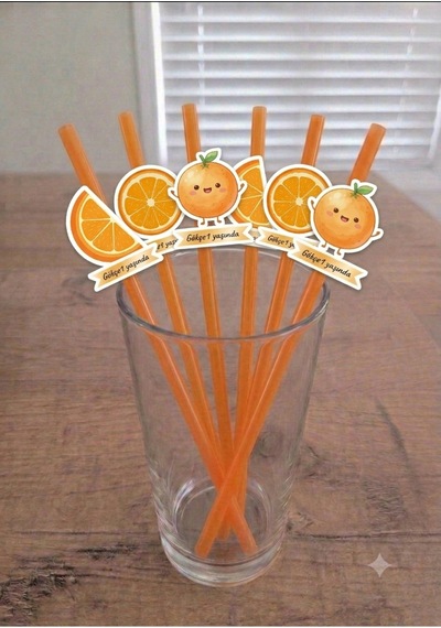 12 Li Portakal Figürlü Cupcake Kürdan Süsü Ve 12 Li Parti Pipeti Seti.