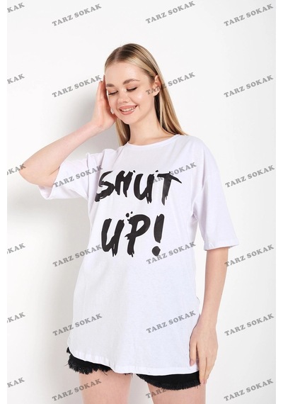 Tarzsokak Kadın Shut Up Beyaz Baskılı Oversize