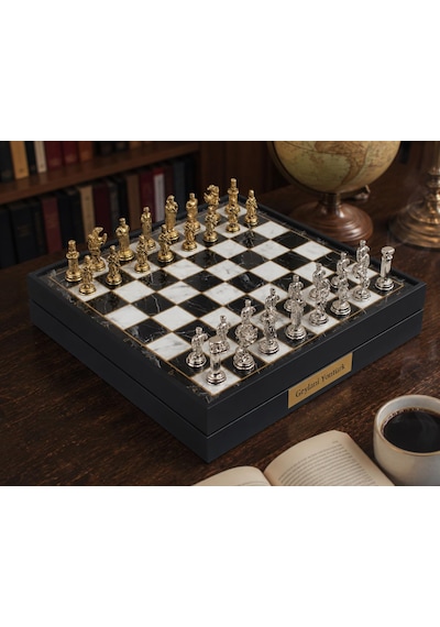 Kişiye Özel Osmanlı Bizans Temalı Lüks Metal Satranç Takımı 20cm Sandıklı Mermer Desenli Premium Set