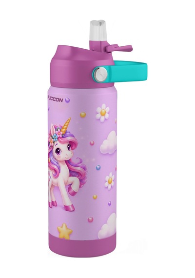 Puccon 540 Ml Sevimli Unicorn Baskılı Pembe - Mor Kız Çocuk Pipetli Çelik Termos Matara/suluk - 60048