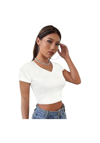 Rooted-kadın Basic Crop V Yaka Kaşkorse T-shirt Ekru