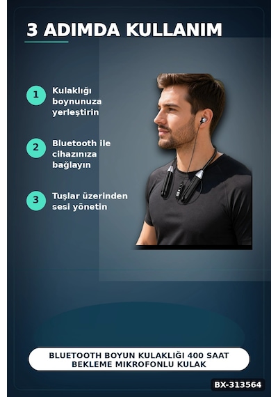Bay Bluetooth 4.0 Boyun Kulakligi Mikrofonlu Ses Kontrollu 400 Saat Bekleme Suresi 10m Menzil Bx-313564 Najmaddin