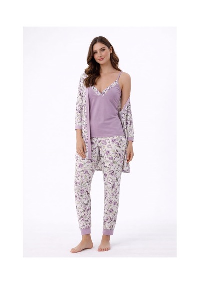 Pemilo Kadın 3346 3'lü Viscon Sabahlık Pijama Takımı Mor
