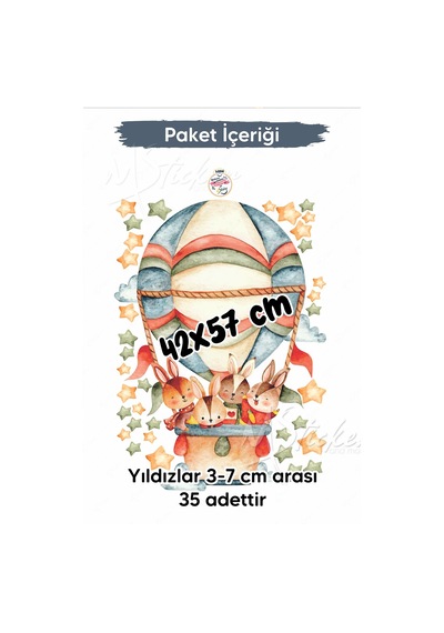 Balonda Uçan Tavşan Ailesi Ve Yıldızlar Suluboya Tonlarında Tavşan Ailesi Çocuk Odası Duvar Sticker Seti