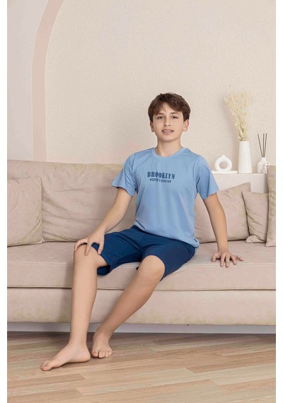 Kıpırık Baby Erkek Çocuk Mavi Desenli Şortlu Pijama Takımı-1266 Mavi