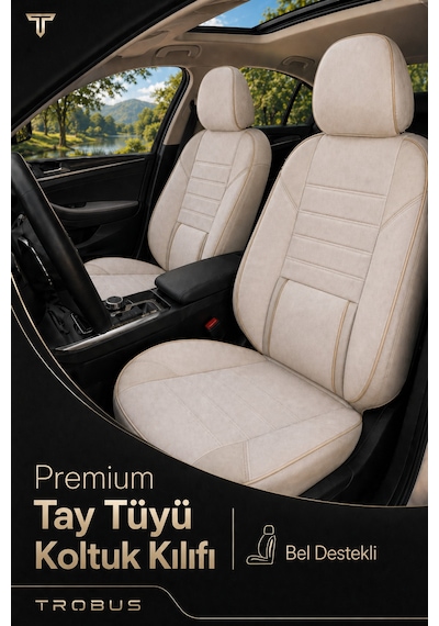 Nova Serisi Tay Tüyü Bel Destekli Bej Premium Üniversal Koltuk Kılıfı Tam Set