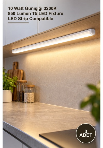 3 Adet Ct-2467g T5 Ledli Bant Eklenebilir Armatür 10 Watt Günışığı 3200k 850 Lümen T5 Led Fixture Led Strip Compatible