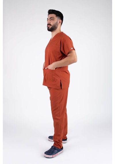 Kremit Likralı Erkek Hemşire Ve Doktor Forması Takımı Scrubs Hastane Üniforması Turuncu