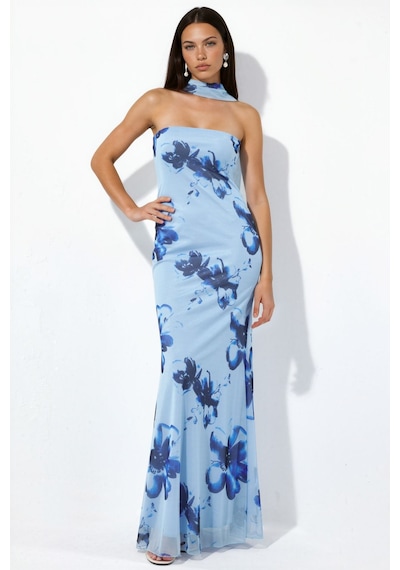 Hiccup Straplez Çiçek Desenli Tül Kuşaklı Bodycon Maxi Elbise Bebek Mavisi