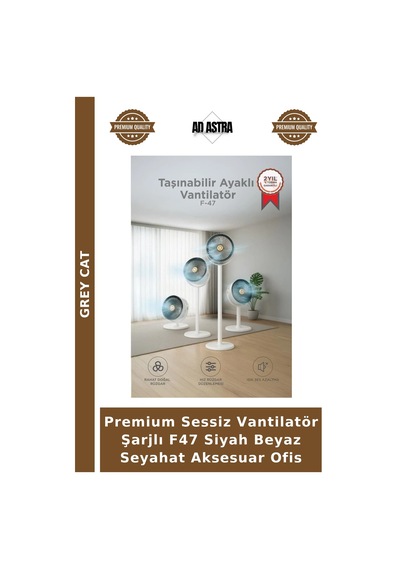 Premium Sessiz Vantilatör Şarjlı F47 Siyah Beyaz Seyahat Aksesuar Ofis