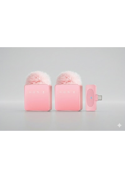Puffmic Pembe Tüylü Kablosuz 2'li Yaka Mikrofonu Type-c Lighting Uyumlu Canlı Yayın Mikrofonu