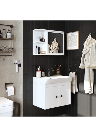 Lavabolu Mat Suntalam 60 Cm Banyo Dolabı + Aynalı Üst Dlp Beyaz Mat Beyaz Lavabolu Mat Suntalam 60 Cm Banyo Dolabı + Aynalı Üst Dlp Beyaz Mat Beyaz