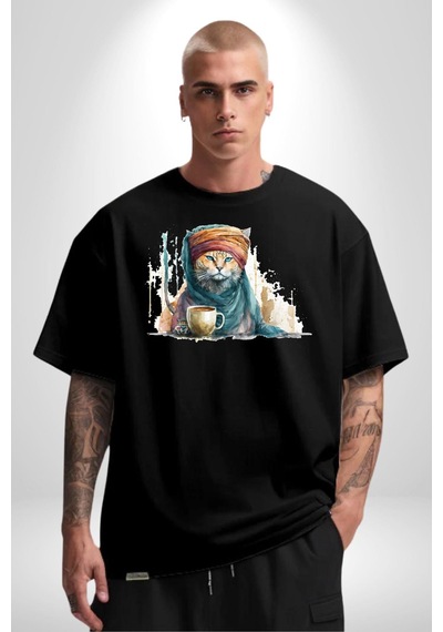 Türk Kahvesi Kedi Pamuklu Bisiklet Yaka Unisex Oversize Boyfriend Dijital Baskılı Siyah T-shirt Siyah