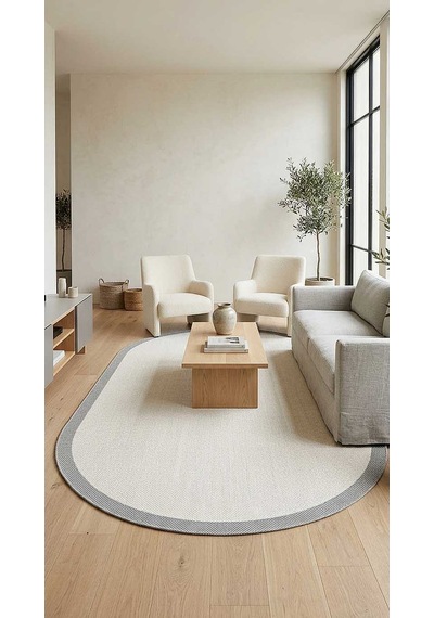 Natura Sisal Hasır Görünümlü Çerçeveli Oval Halı Ntr08 Gri-krem
