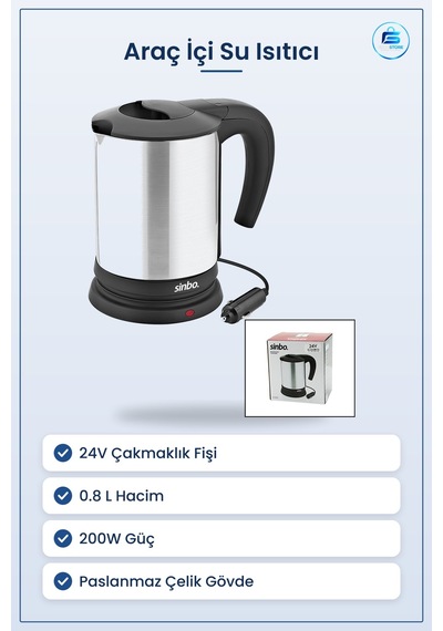 Araç İçi Su Isıtıcı Kettle 24v 0.8l 200w Paslanmaz Çelik Çakmaklı