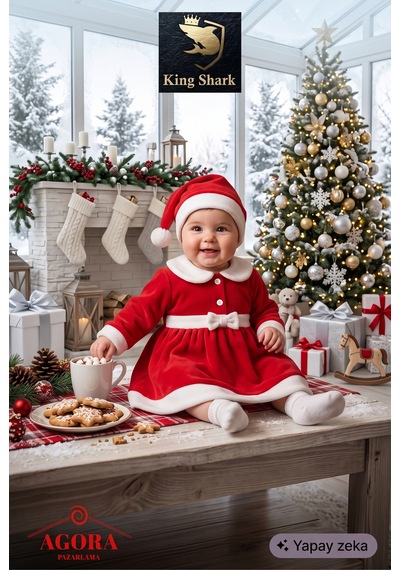 Kingshark King Shark Kız Bebek Yılbaşı Kostümü, Şapkalı Kırmızı Noel Baba Bebek Elbisesi Seti