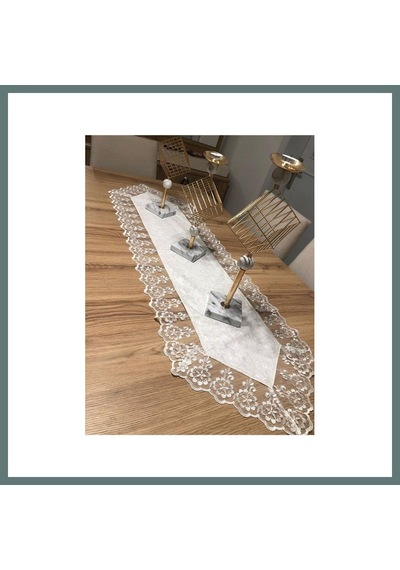 Bezos Kadife Dantel Detaylı Krem Runner 140x40cm Ventra