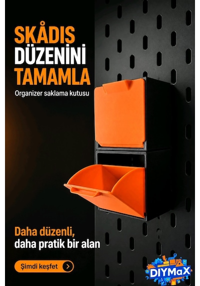 Skadis Uyumlu Çekmeceli Organizer Kilitli Saklama Kutusu Pano Düzenleyici Atölye Ofis Ku - Turuncu