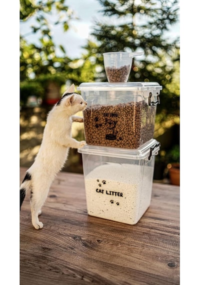 Kedi Köpek Kuru Mama Kum Saklama Kabı Kutusu Seti Şeffaf