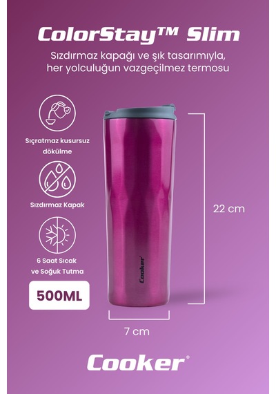 Cooker Colorstay Slim 500 Ml Paslanmaz Çelik Bardak Termos Ckr2100 Mor