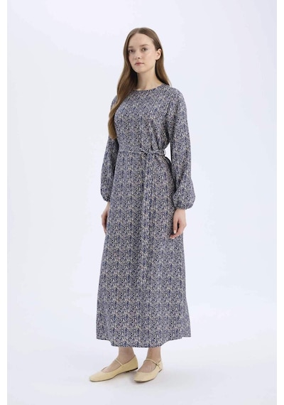 DeFacto Regular Fit Bisiklet Yaka Desenli Kuşaklı Uzun Kollu Maxi Elbise E5247AX25SPNV134