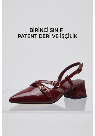 Mary Jane Bordo Rugan Çapraz Tokalı Slingback - Sivri Burun Alçak Kare Topuklu Elegant Kadın Ay... Mary Jane Bordo Rugan Çapraz Tokalı Slingback - Sivri Burun Alçak Kare Topuklu Elegant Kadın Ay...