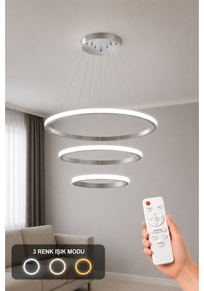 AvizeGO Rizon 3 Lü Led Sarkıt Avize 3 Renk Kumandalı Gri