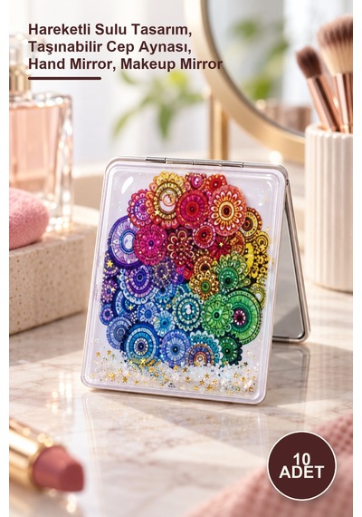 10 Adet Mandala Desenli El Aynası Hareketli Sulu Tasarım, Taşınabilir Cep Aynası, Hand Mirror, Makeup Mirror Altın