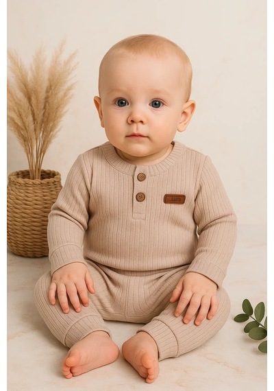 Pekminibebe Çizgili Kumaş % 100 Pamuk 2'li Unisex Takım Krem