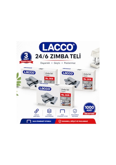 Lacco 24/6 Zımba Teli 3'lü Paket 1000'lik Dayanıklı Güçlü Paslanmaz Ofis Okul Zımba Teli