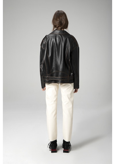 Dericlub Pamela Unisex Silme Oversize Biker Hakiki Deri Mont Siyah/taba Null Siyah