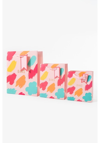 Pastel Pembe Renkli Fırça Desenli 3 Boy Karton Hediye Çantası Seti 3+