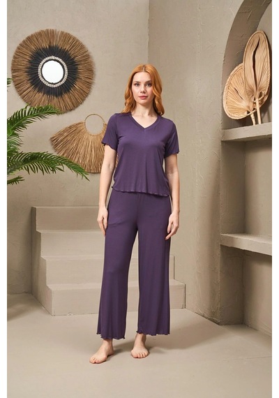 Pjs 25109 Kadın V Yaka Kısa Kollu Bol Paçalı Pijama Takım Mor
