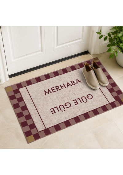 Kartela Halı Merhaba Güle Güle Damalı Kapı Paspası Bordo Kaymaz Kauçuk Taban Yıkanabilir 40x60 Cm