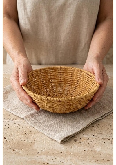 Yıkanabilir Rattan Yuvarlak Ekmek Sepeti 20.5 Cm - Metal İskeletli Hasır Banyo Ve Mutfak Sepeti Çok Renkli