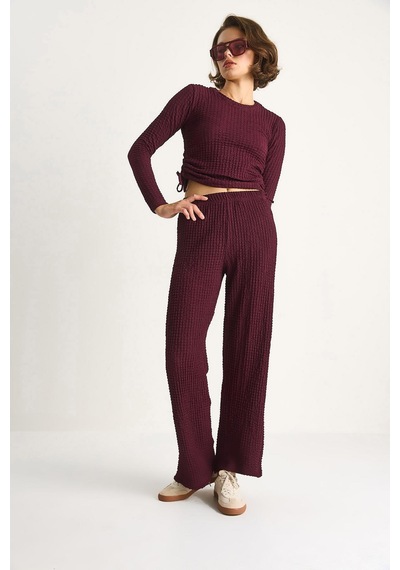 Shade Kadın Yanları Bağlamalı Crop Beli Lastikli Yüksek Bel Pantolonlu Bürümcük Takım 8075 60284110 - Mürdüm