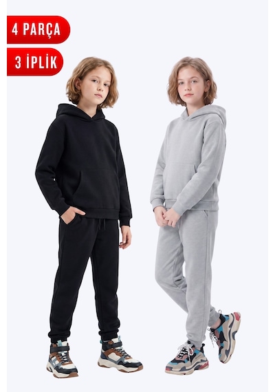 Fyk Kids 2'li Düz 3 İplik Kışlık Kanguru Cepli Kapüşonlu Kız Çocuk Eşofman Takımı Siyah-gri