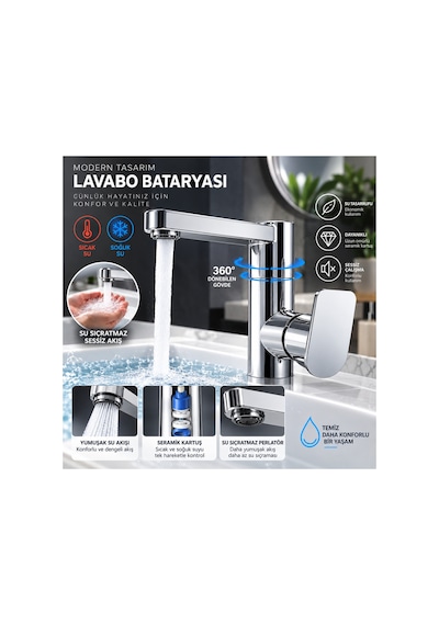 Krom Lavabo Bataryası 360 Döner Gövde Seramik Kartuşlu Tek Kumandalı Şık Tasarım Gümüş