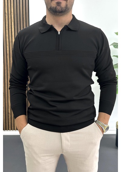 Edwox Erkek Slim Fit Çizgi Detaylı Polo Yaka Kazak Siyah Edw427 Siyah