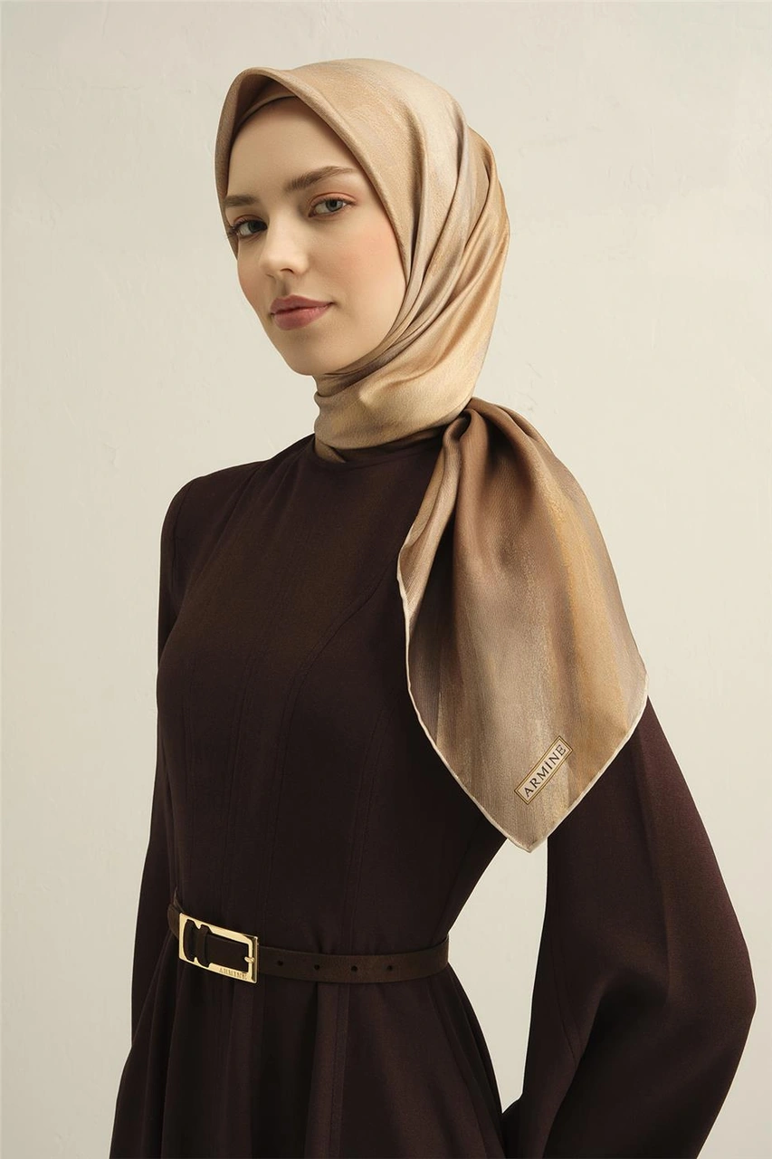 Armine Soyut Desenli Saf İpek Twill Eşarp 9308d 08 Camel