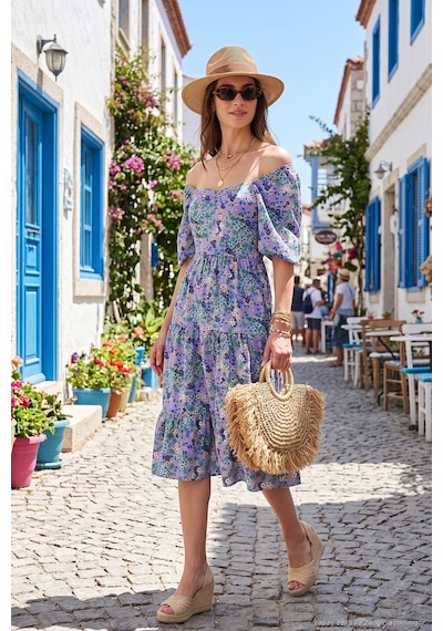Lela Desenli Oversize Fit Carmen Yaka Büzgü Detaylı Midi Boy Bayan Elbise 6782169 Mor