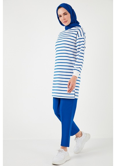 Lela Modest Çizgili Pamuklu Regular Fit Bisiklet Yaka Bayan Tunik 5865784 Saks