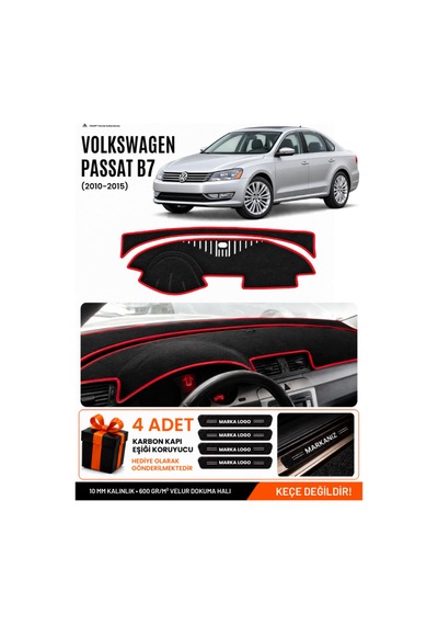 Volkswagen Passat B7 2010-2015 Uyumlu Torpido Örtüsü, Torpido Kılıfı - Siyah Kırmızı