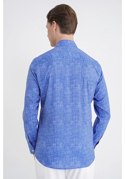 Slim Fit Klapa Yaka Esnek Pamuklu Koyu Mavi Çizgili Gömlek G 1599