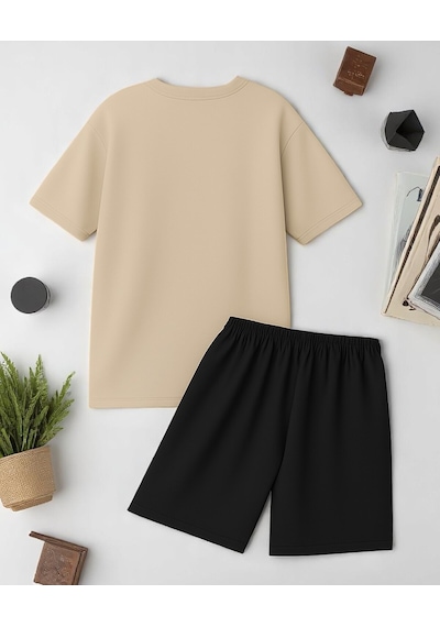 Uyguntarz Unisex Brooklyn Baskılı Tasarım Şort Takım Bej