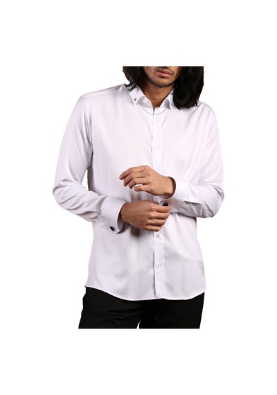 Dicotto Beyaz Düğmeli Yaka Ve Zincirli Uzun Kol Dar Kesim Micro Kumaş Kol Düğmeli Slim Fit Erkek Gömlek - 198-1 001